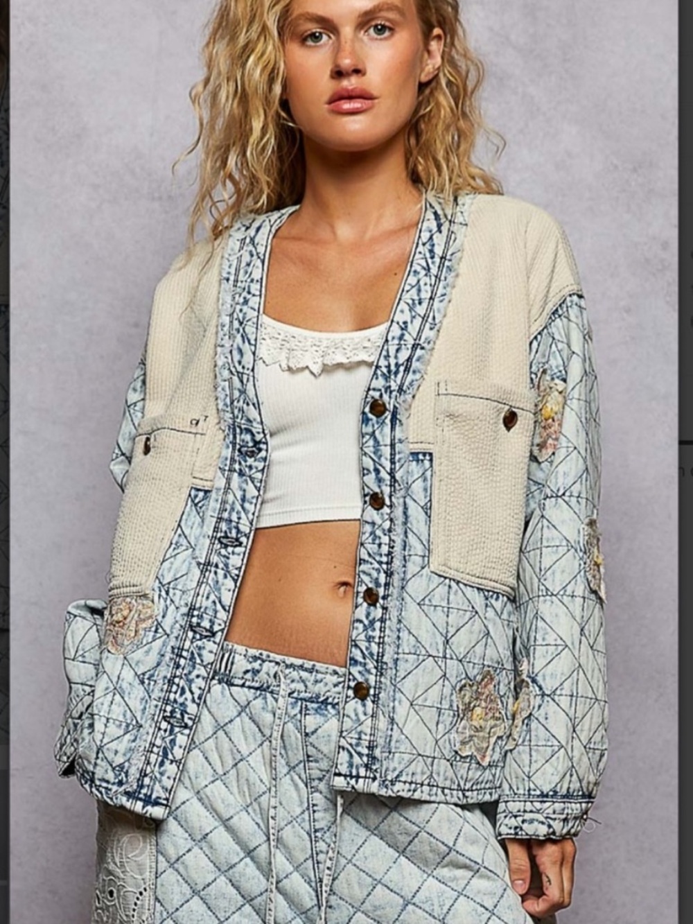 POL Light Blue Quilted Denim Jacket with Cream Panels